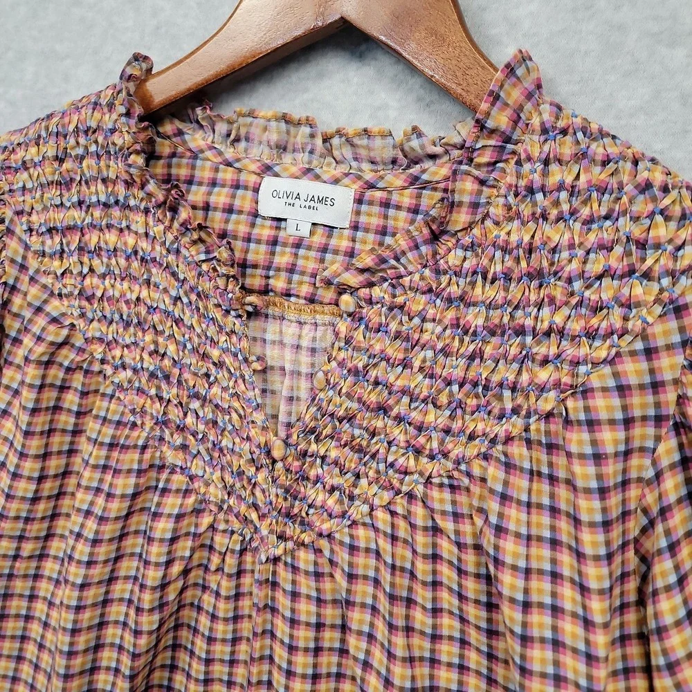 Olivia James The Label Women Large Plaid Smocked Puff Sleeve Blouse Top Cotton - Picture 2 of 10